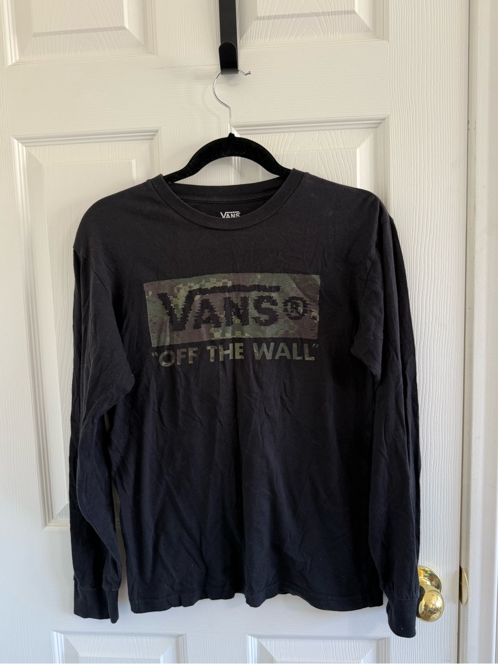 Vans Black Long Sleeve 'Off The Wall' Tee with Green Camo Logo
